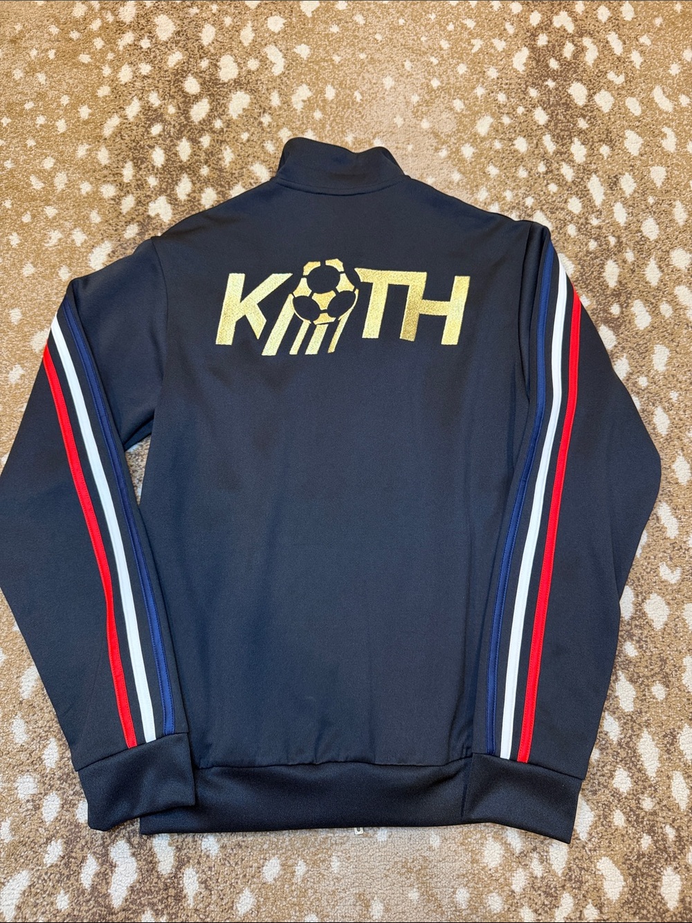 Adidas KITH Men’s Blk Zip-Up Jacket w/Gold Logo & Red/White/Blue Sleeve Stripes
